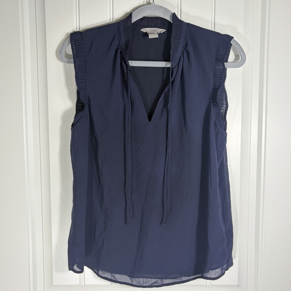 H&M Navy Swiss Dot Sleeveless Tie Neck Blouse Women's Small